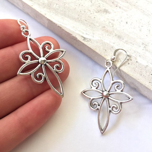 Sterling Silver Lotus swirl Cross Earrings - Picture 2 of 5